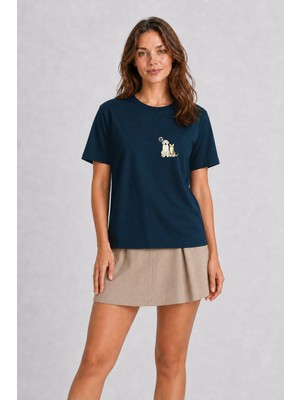 Wakha Minimalist Köpek ve Kedi Tasarımı Tişört - Lacivert