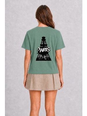 Wakha Paris Temalı Modern Unisex Tişört - Sırt Baskılı - Yeşil