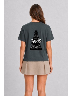 Wakha Paris Temalı Modern Unisex Tişört - Sırt Baskılı - Füme