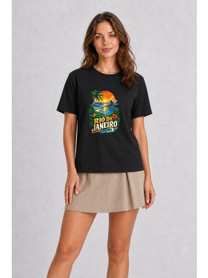 Wakha Rio De Janeiro Tasarımlı Basic Unisex Tişört - Siyah