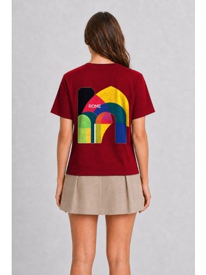 Wakha Rome Geometrik Unisex Tişört - Sırt Baskılı - Kırmızı