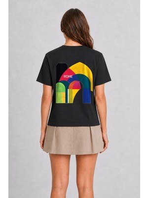 Wakha Rome Geometrik Unisex Tişört - Sırt Baskılı - Siyah