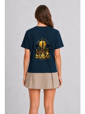 Wakha Dubai Temalı Modern Unisex Tişört - Sırt Baskılı - Lacivert