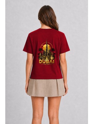 Wakha Dubai Temalı Modern Unisex Tişört - Sırt Baskılı - Kırmızı