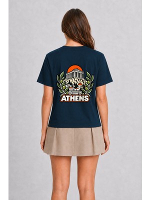 Wakha Athens Şehir Tasarımı Baskılı Tişört - Sırt Baskılı - Lacivert