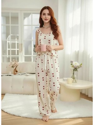 bebekokusu Kadın Ekru Kırmızı Kalp Desenli Uzun Pijama Takımı Yumuşak Pamuklu Rahat Ev Giyimi Özel Tasarım