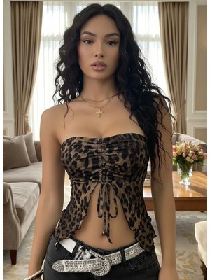 bebekokusu Kadın Leopar Desenli Crop Bluz Önden Büzgü Detaylı Şık Kadın Üst Giyim Özel Tasarım