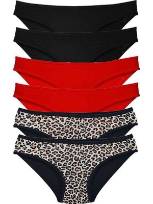 bebekokusu 6 Adet Özel Set Likralı Yumuşak Dokulu Kadın Slip Külot Leopar Siyah Kırmızı