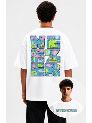 Fuddy Moda Unisex Weezer Sırt Baskılı Bisiklet Yaka Tişört, Oversize Rock Band Temalı Tshirt