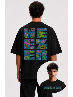 Fuddy Moda Unisex Weezer Sırt Baskılı Bisiklet Yaka Tişört, Oversize Rock Band Temalı Tshirt