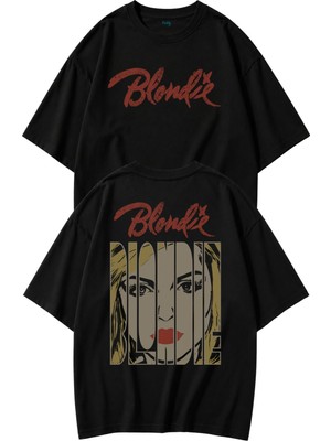 Fuddy Moda Unisex Blondie Sırt Baskılı Bisiklet Yaka Tişört, Oversize Rock Band Temalı Tshirt