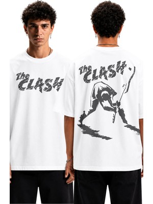 Fuddy Moda Unisex The Clash Sırt Baskılı Bisiklet Yaka Tişört, Oversize Rock Band Temalı Tshirt
