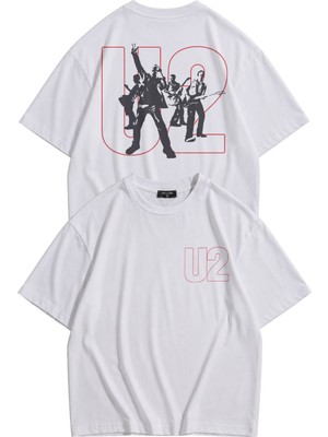 Fuddy Moda Unisex U2 Concert Sırt Baskılı Bisiklet Yaka Tişört, Oversize Rock Band Temalı Tshirt