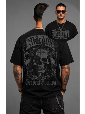 Fuddy Moda Unisex Marduk Serpent Sermon Sırt Baskılı Tişört, Oversize Rock Band Temalı Tshirt