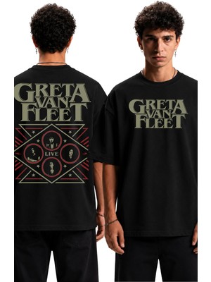 Fuddy Moda Unisex Greta Van Fleet Live Sırt Baskılı Tişört, Oversize Rock Band Temalı Tshirt
