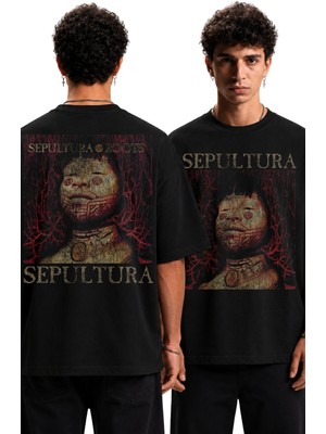 Fuddy Moda Unisex Sepultra Roots Sırt Baskılı Tişört, Oversize Rock Band Temalı Tshirt