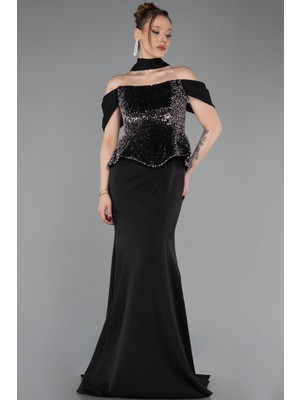 Abiyefon Üstü Pullu Kayık Yaka Peplum Uzun Abiye ABU6094