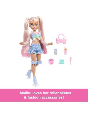 Esranın Dünyası Barbie Rüya Arkadaşlar Bebek ve Aksesuarları, Eklemleri Bükülebilen, Sarı Saçlı, Patenci Barbie 'malibu' Bebek, Makyaj Temalı 9 Parça, JFX96