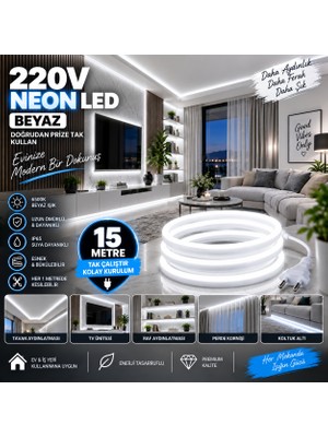 Borsan 15 Metre 6500K Beyaz Neon LED 220V Tak Çalıştır  IP65 Ultra Parlak Esnek Hortum LED Iç Dış Mekan Dekoratif AYDINLATMA15