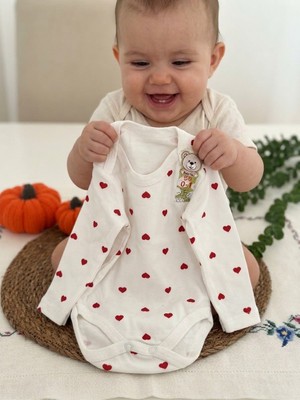 Tuem Baby Kız Bebek %100 Pamuk Kırmızı Kalp Desenli Uzun Kollu Body Zıbın