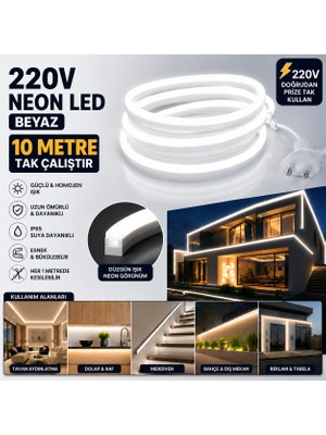 Borsan 10 Metre 6500K Beyaz Neon LED 220V Tak Çalıştır  IP65 Ultra Parlak Esnek Hortum LED Iç Dış Mekan Dekoratif Aydınlatma