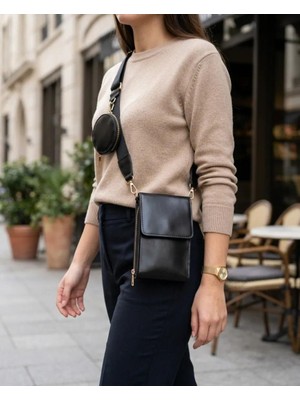 E-Woman Mini Çapraz ve Omuz Askılı Siyah Kadın Çanta Çift Gözlü Telefon Bölmeli Günlük Şık Tasarım - Lisinya