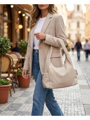 E-Woman Paraşüt Kumaş Bej Kadın Omuz Çantası - Lisinya