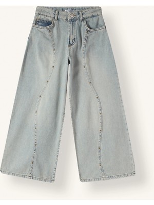 DeFacto %100 Pamuk Barrel Fit Geniş Paça Zımba Detaylı Jean Pantolon Kız Çocuk I5746A826AU