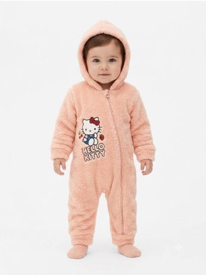 Chicsy Baby Hello Kitty Lisanslı Kız Bebek Welsoft Peluş Tulum Kapüşonlu Fermuarlı Kışlık Bebek Tulumu