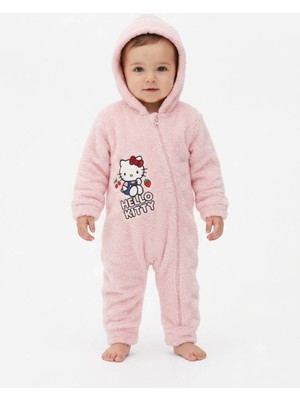 Chicsy Baby Hello Kitty Lisanslı Kız Bebek Welsoft Peluş Tulum Kapüşonlu Fermuarlı Kışlık Bebek Tulumu