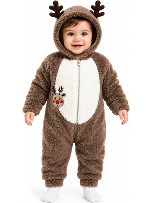 Chicsy Baby Tatlı Geyik Nakışlı Welsoft Peluş Kapüşonlu Fermuarlı Kışlık Unisex Bebek Tulumu