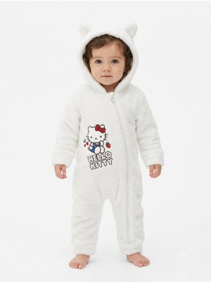 Chicsy Baby Hello Kitty Lisanslı Kız Bebek Welsoft Peluş Tulum Kapüşonlu Fermuarlı Kışlık Bebek Tulumu