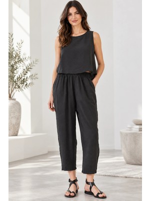 Mevese Beli Lastikli Modal Pantolon & Kalın Askılı Bluz Takımı - Siyah