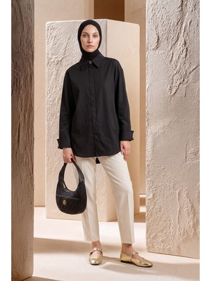Armine Trend Doğal Kumaş Gizli Patlı Tam Boy Düğmeli Oversize Basic Gömlek  Siyah 26YT304