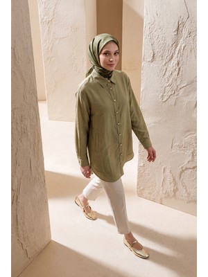 Armine Trend Gold Düğme Detaylı Klasik Yaka Uzun Tunik Rahat Kesim Şık Tesettür Tunik Modeli 89 cm Boy Açık Haki 26YT471