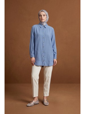 Armine Trend Gold Düğme Detaylı Klasik Yaka Uzun Tunik Rahat Kesim Şık Tesettür Tunik Modeli 89 cm Boy Mavi 26YT471