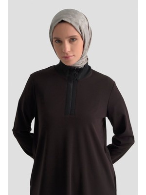 Armine Trend Yarım Fermuarlı Dik Yaka Uzun Kollu Rahat Kesim Basic Uzun Tunik 107 cm Boy Siyah 26KT456