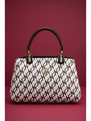 Armine Trend Metal Aksesuarlı Fermuarlı Kadın El ve Omuz Çantası Siyah Zigzag Desen ARM113