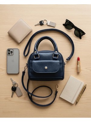 tp Kadın Lacivert Yumuşak Deri Silver Detaylı El ve Omuz Çantası 18X13 cm - Lisinya