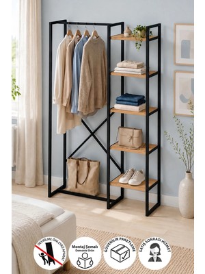 Bofigo 5 Raflı Metal Gardırop Metal Portmanto Açık Gardırop Elbise Dolabı Metal Askılık Vestiyer Loftix Çam