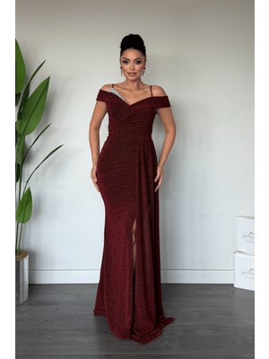 Giyimmasalı Metalik Kumaş Şal Detaylı Abiye Elbise - BORDO-GYM-39950