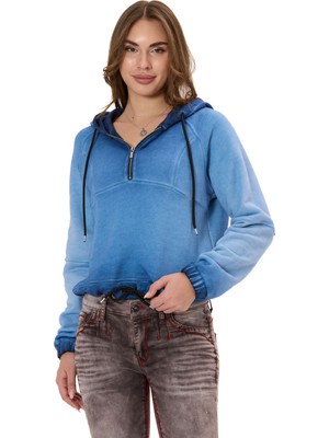 Cipo & Baxx Kadın Crop Oversize Kapüşonlu Yıkamalı Yarım Fermuarlı Sweatshirt WL373