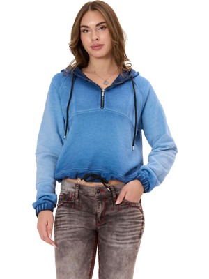 Cipo & Baxx Kadın Crop Oversize Kapüşonlu Yıkamalı Yarım Fermuarlı Sweatshirt WL373