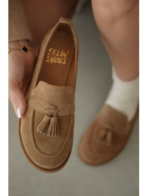 Selin Shoes Belluno Hakiki Deri Püsküllü Kadın Loafer- Vizon Süet