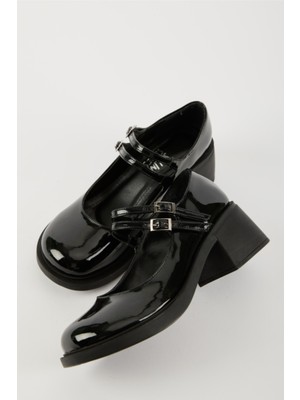 Selin Shoes Sandy Çift Bantlı Rugan Kadın Loafer- Siyah Rugan