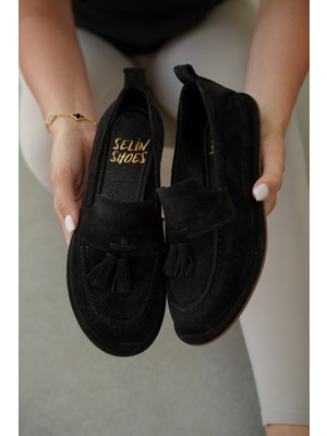 Selin Shoes Belluno Hakiki Deri Püsküllü Kadın Loafer- Siyah Süet