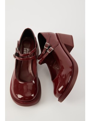 Selin Shoes Sandy Çift Bantlı Rugan Kadın Loafer- Bordo Rugan