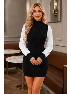 AQE FASHION Kadın Balıkçı Yaka Uzun Kollu Kolları Gömlek Kumaş Saç Örgülü Modern Kesim Ribana Detaylı Şık Zarif Siyah Triko Mini Elbise