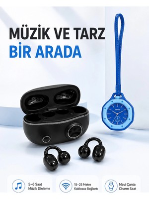 Astraltech Şarj Kutulu Kablosuz Kulaklık ve Askılı Mavi Charm Saat Avantajlı Ikili Set