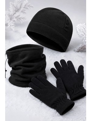 Ritagarcia Unisex Siyah Polar 3'lü Kışlık Set - Ayarlanabilir Boyunluk Bere ve Eldiven Takımı